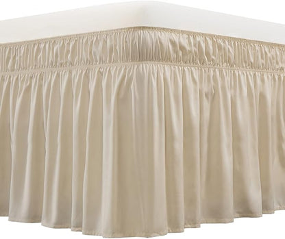 MEILA Wrap Around Bed Skirt Three Fabric Sides Elastic Dust Ruffled 24 Inch Tailored Drop,Easy to Install Fade Resistant-Beige, Twin/Full