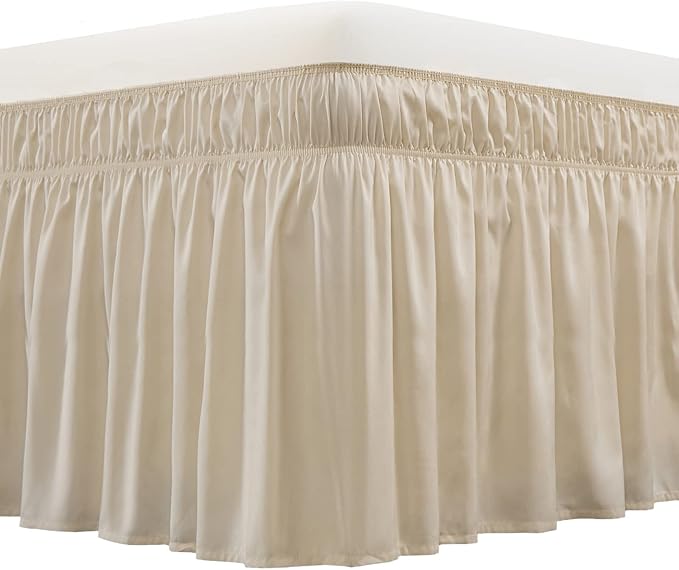 MEILA Wrap Around Bed Skirt Three Fabric Sides Elastic Dust Ruffled 24 Inch Tailored Drop,Easy to Install Fade Resistant-Beige, Queen/King