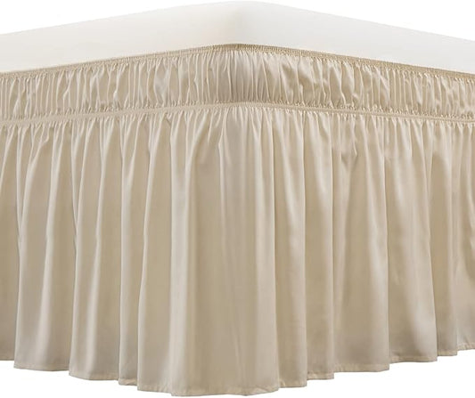 MEILA Wrap Around Bed Skirt Three Fabric Sides Elastic Dust Ruffled 24 Inch Tailored Drop,Easy to Install Fade Resistant-Beige, Queen/King