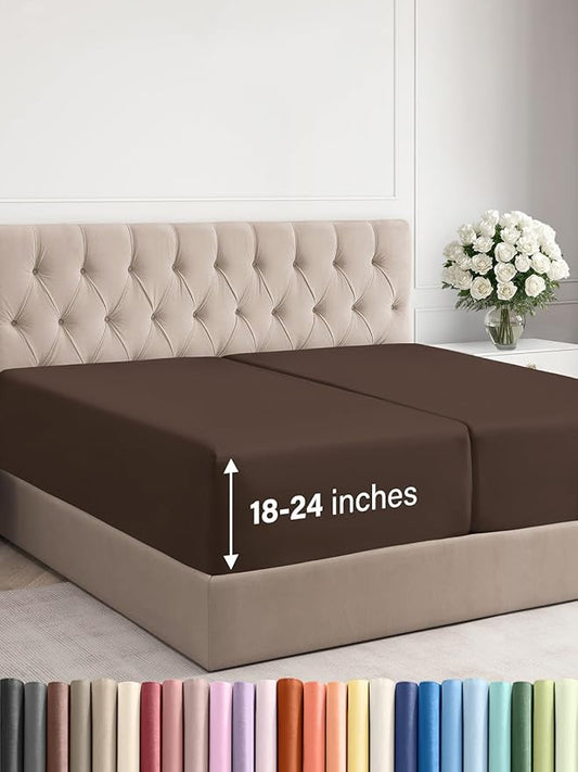 Extra Deep Split King Fitted Sheet - Hotel Luxury Single Fitted Sheet Only - Easily Fits 18 inch to 24 inch Mattress - Ultra Soft, Wrinkle & Fade Free w/Extra Deep Pocket - Breathable & Comfy - Brown
