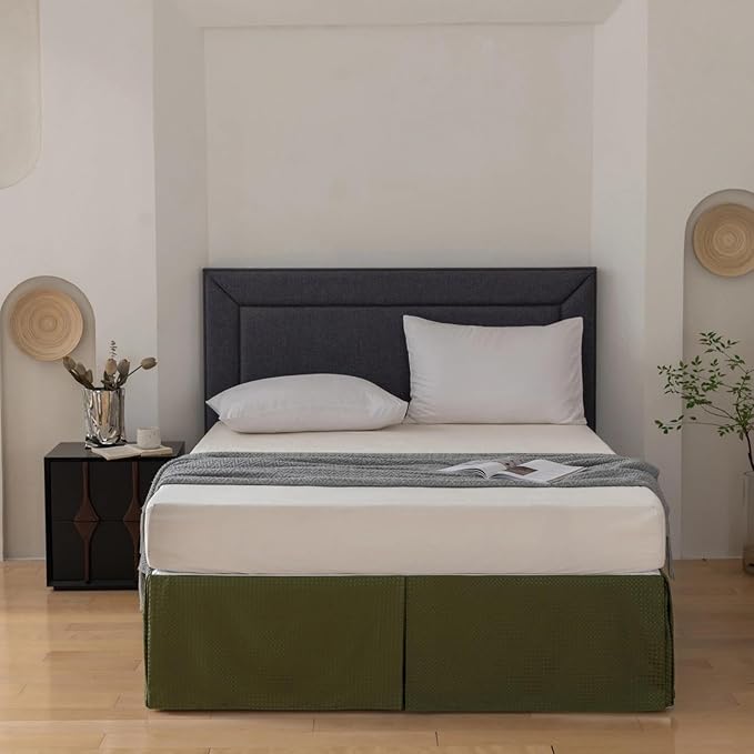 Full Bed Skirt, Wrap Around Bed Skirt with Pleated Corner, 18 Inch Drop Pleated Waffle Weave Bedskirts, Anti-Slip, Microfiber, Green, 18'' Full