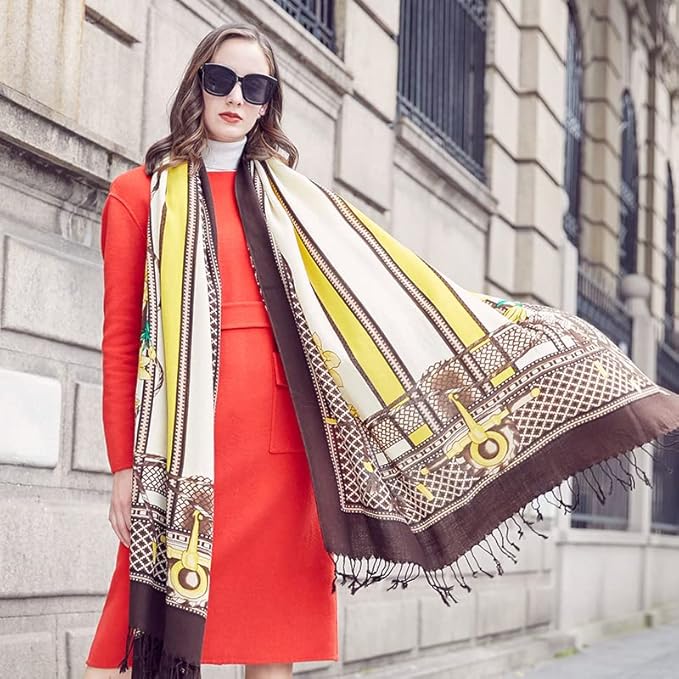 DANA XU 100% Merino Wool Extra Large Pashmina Blanket Travel Scarf Cashmere Wrap for Women Fall Winter Oversize Shawl Floral