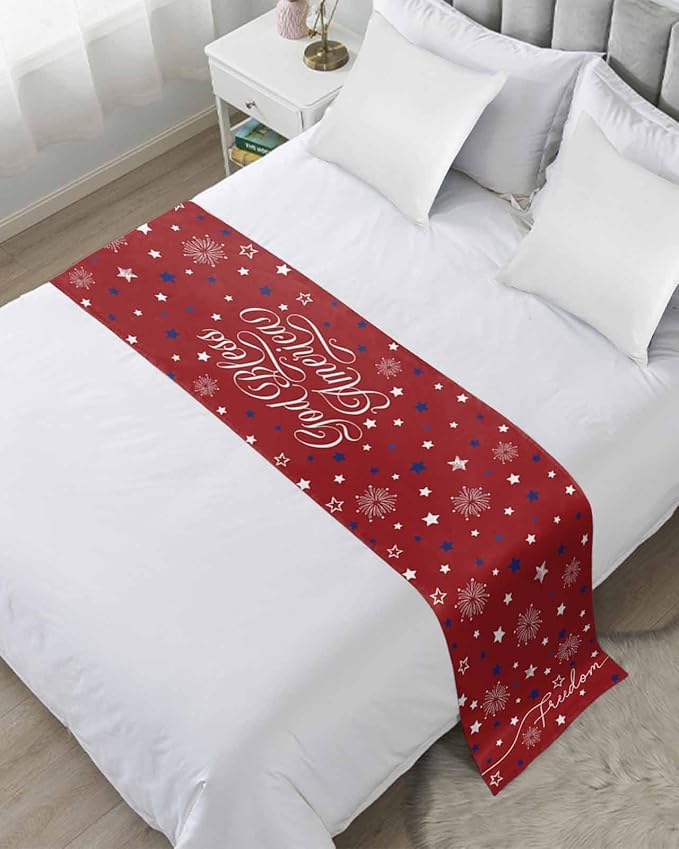 Independence Day Blue White Star Bed Runners for Bedroom Hotel,Decorative Bedding Scarf Freedom Celebration on Red Bed End Blanket Bedding Runner Scarves for Twin Size Bed,71x20in
