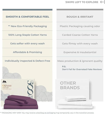 Mayfair Linen 100% Cotton Bed Sheets Queen Sheet Set - 500 Thread Count Sheets Queen Size 4 PC Set (Plum) Soft, Cooling, Hotel-Quality 16" Deep Pocket Sateen Cotton Bedsheet for Hot Sleepers