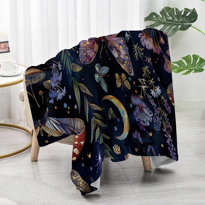 Celestial Witch Garden Throw Blankets Butterfly Moon Flower Fleece Throw Blanket,Dark Botanical Floral Plant Boho Cozy Decor Nap Blankets for Sofa Bed Couch Chair or Dorm Throws 50"x60"