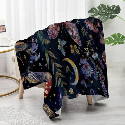 Celestial Witch Garden Throw Blankets Butterfly Moon Flower Fleece Throw Blanket,Dark Botanical Floral Plant Boho Cozy Decor Nap Blankets for Sofa Bed Couch Chair or Dorm Throws 50"x60"