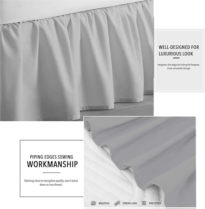 SlumberWell Queen Bed Skirt with Split Corners, Soft Microfiber, 16 Inch Drop, Light Grey Solid, Elegant Ruffled Design