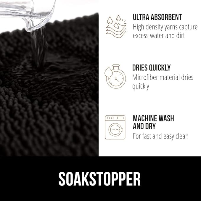 GORILLA GRIP SOAKSTOPPER Dog Door Mat, 36x24 Machine Washable Rug Absorbent Doormat Captures Moisture Mud Dirt, Quick Dry Soft Chenille Entryway Rugs Indoor Entrance Mats for Dog Paws, Black