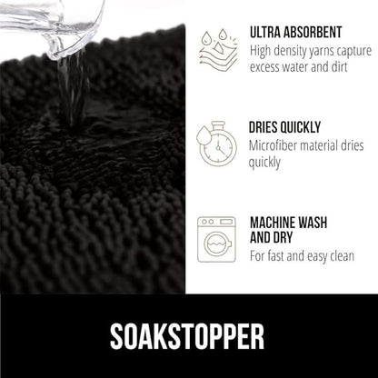 GORILLA GRIP SOAKSTOPPER Dog Door Mat, 48x30 Machine Washable Rug Absorbent Doormat Captures Moisture Mud Dirt, Quick Dry Soft Chenille Entryway Rugs Indoor Entrance Mats for Dog Paws, Black