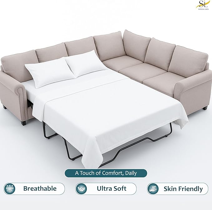 Luxury Queen Sleeper Sofa Bed Sheet Set,100% Egyptian Cotton, 338 Thread Count, Queen Size (60 x74 +6 Inch Deep Pocket) Soft and Light Weight 4pcs Sofa Set (White Solid)