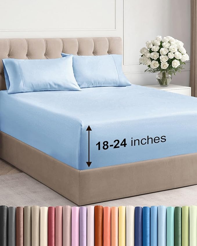 Extra Deep Pocket Cal King Sheets - 4 Piece Breathable & Cooling Bed Sheets - Hotel Luxury Sheet Set - Soft, Wrinkle Free & Comfy - Easily Fits Extra Deep Mattresses - Deep Pocket Light Blue Sheets
