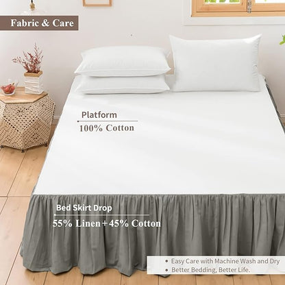 BISELINA French Linen Bed Skirt with Pleated Frills 14-Inch Tailored Drop Natural Flax Cotton Blend Dust Ruffle Soft Cozy Farmhouse Bedding (14" Queen, Grey)