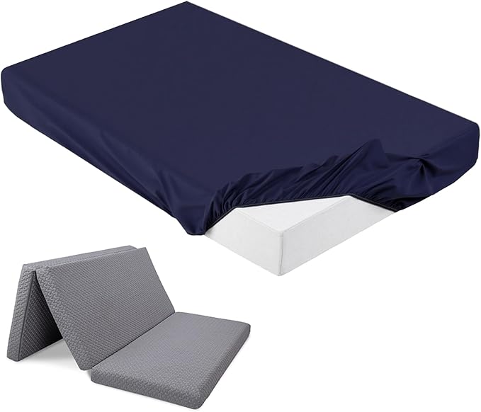 Breling Fitted Sheet (Sheet Only) Compatible with Milliard Trifold Mattress Folding Mattress Fitted Microfiber Bedsheet for Camp Bunk Rvs Bed(Queen,4'',Navy Blue)
