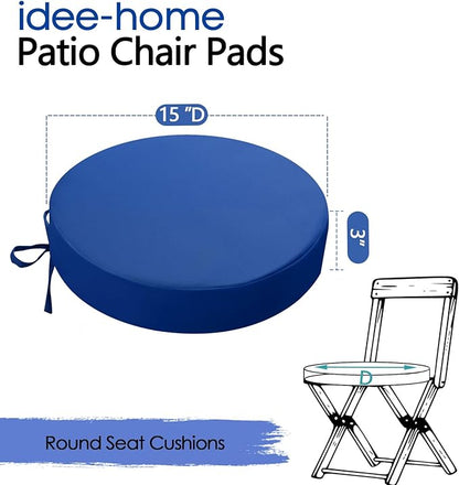 idee-home Outdoor Bistro Chair Cushions, 15”x15”x 3” Thick Outdoor Round Seat Cushions Set of 4 with Ties, Waterproof Round Patio Furniture for Garden