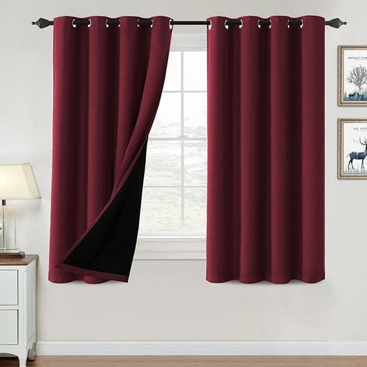 H.VERSAILTEX 100% Blackout Curtains for Bedroom Thermal Insulated Blackout Curtains 54 inch Length Heat and Full Light Blocking Curtains for Living Room with Black Liner 2 Panels Set, Burgundy