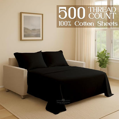 Sleeper Sofa 4 Piece Bed Sheet Set Premium Quality 100% Cotton 500 Thread Count, Smooth & Super Soft Sateen Weave, Extra Soft Bed Sheets, Wrinkle Free, 4 Inch Deep Pocket (Twin, Black)