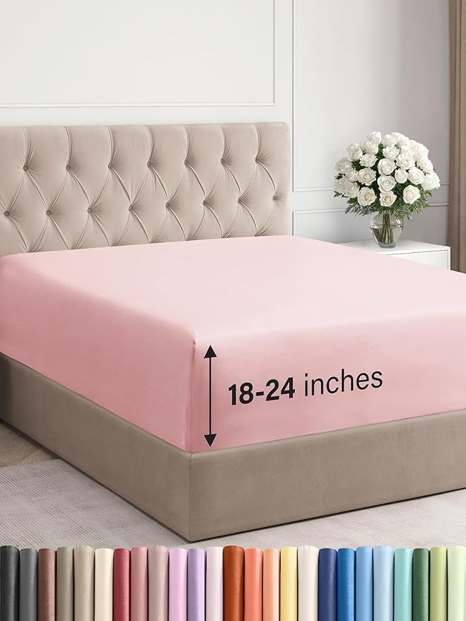 Extra Deep Cal King Fitted Sheet - Hotel Luxury Single Fitted Sheet Only - Easily Fits 18 inch to 24 inch Mattress - Ultra Soft, Wrinkle Free with Extra Deep Pockets - Breathable & Comfy - Baby Pink