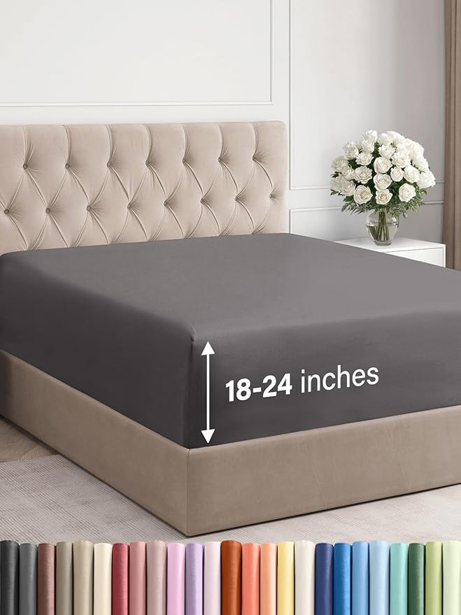 Extra Deep Queen Fitted Sheet - Hotel Luxury Single Fitted Sheet Only - Easily Fits 18 inch to 24 inch Mattress - Ultra Soft, Wrinkle & Fade Free w/Extra Deep Pockets - Breathable & Comfy - Dark Grey