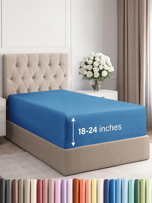 Extra Deep Twin Fitted Sheet - Hotel Luxury Single Fitted Sheet Only - Easily Fits 18 inch to 24 inch Mattress - Ultra Soft, Wrinkle & Fade Free w/Extra Deep Pockets - Breathable & Comfy - Royal Blue