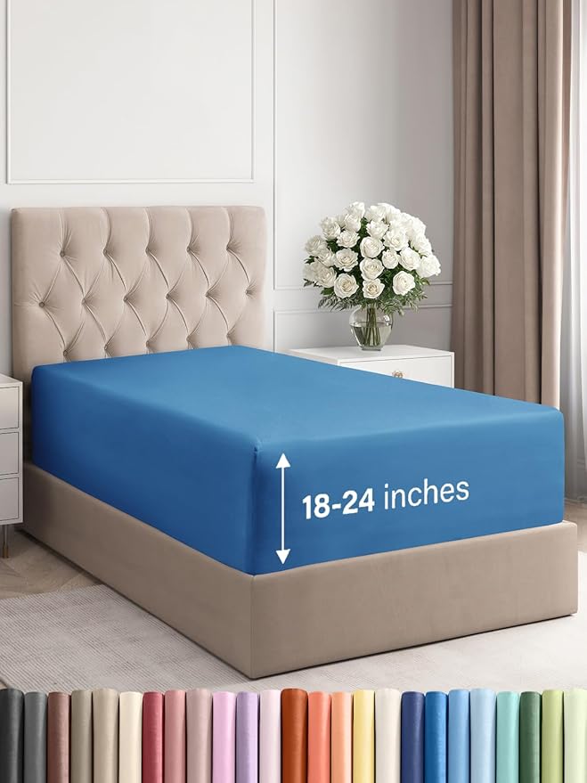 Extra Deep Twin XL Fitted Sheet - Hotel Luxury Single Fitted Sheet Only - Easily Fits 18 inch to 24 inch Mattress - Ultra Soft, Wrinkle Free with Extra Deep Pockets - Breathable & Comfy - Royal Blue