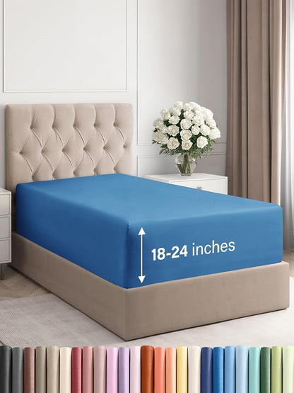 Extra Deep Twin XL Fitted Sheet - Hotel Luxury Single Fitted Sheet Only - Easily Fits 18 inch to 24 inch Mattress - Ultra Soft, Wrinkle Free with Extra Deep Pockets - Breathable & Comfy - Royal Blue