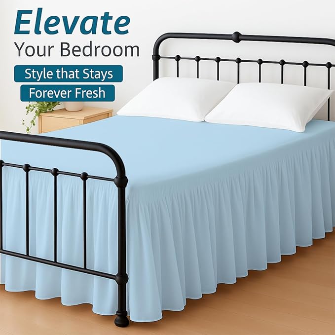 Shreem Linen Ruffled Bed Skirt with Split Corners, Gathered Style, 100% Microfiber, 12-Inch Drop, Dust Ruffle Bedskirt with Platform, Twin-XXL, Light Blue