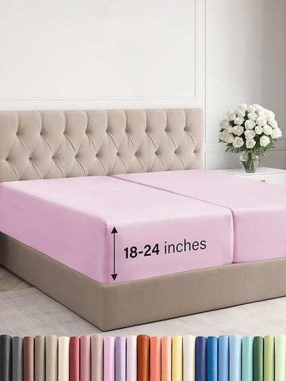 Extra Deep Split King Fitted Sheet - Hotel Luxury Single Fitted Sheet Only - Easily Fits 18 inch to 24 inch Mattress - Ultra Soft, Wrinkle Free w/Extra Deep Pockets - Breathable & Comfy - Light Pink