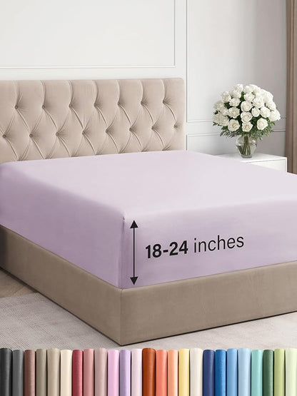 Extra Deep Queen Fitted Sheet - Hotel Luxury Single Fitted Sheet Only - Easily Fits 18 inch to 24 inch Mattress - Ultra Soft, Wrinkle Free w/Extra Deep Pockets - Breathable & Comfy - Light Lavender