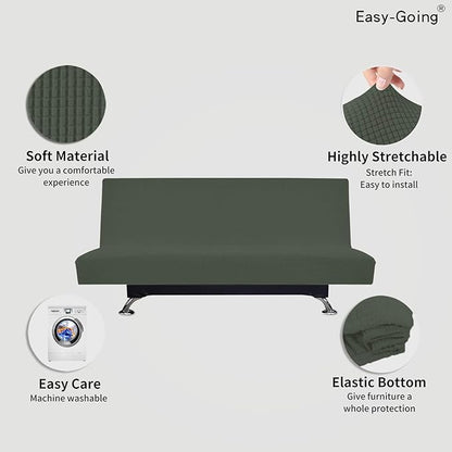 Easy-Going Stretch Futon Slipcover Armless Futon Bed Cover Furniture Protector Without Armrests with Elastic Bottom for Kids, Soft Jacquard Fabric Small Checks (Large, Olive Green)
