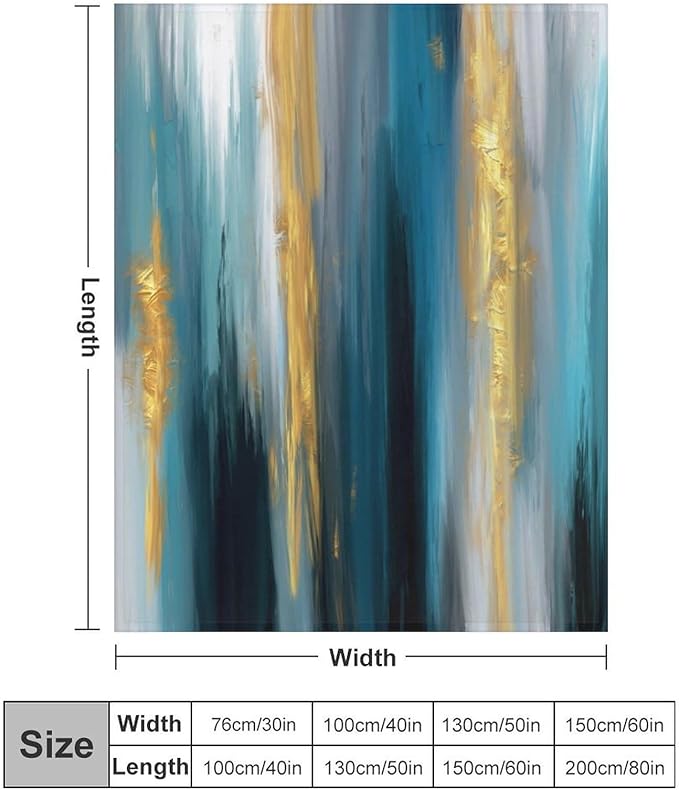 Fashion Gradient Blanket, Modern Abstract Art Gold Lake Blue Painting Strokes Pattern Soft Warm Cozy Plush Flannel Covers for Livingroom Bedroom Couch Chair Camping Travel Home Decor Tapestry 60x80in