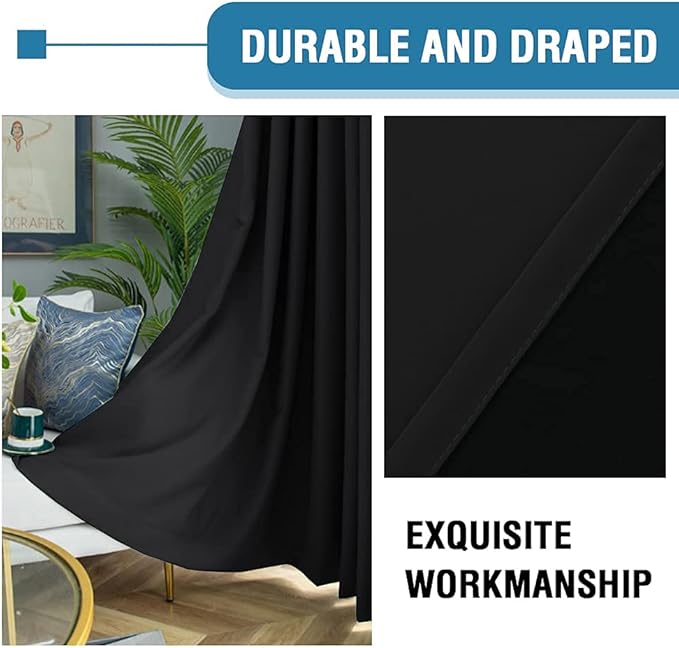 H.VERSAILTEX 100% Blackout Curtains for Bedroom Thermal Insulated Blackout Curtains 84 inch Length Heat and Full Light Blocking Curtains for Living Room with Black Liner 2 Panels Set, Jet Black