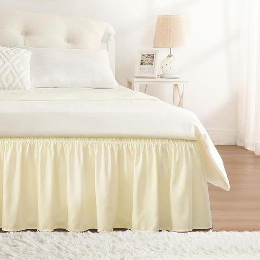 RIMELA Butter Yellow Bed Skirt Queen Size 15 Inch Drop, Elastic Bed Skirting for Bed Base and Frame, Bedding Dust Ruffle Easy to Install, Lightweight Comforter Set with Wrap Around Adjustable Bedskirt