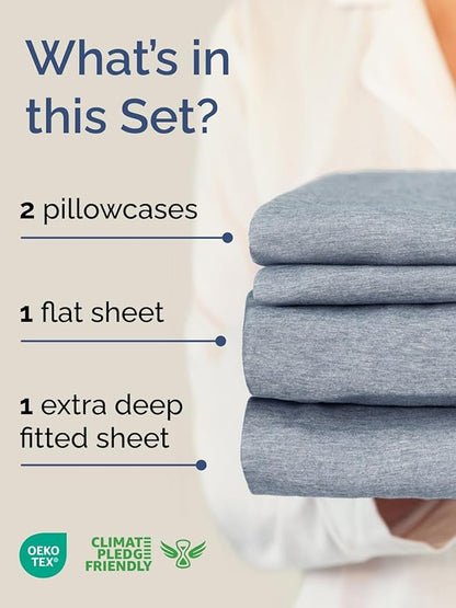 Extra Deep Pocket King Sheets - 4 Piece Breathable & Cooling Bed Sheets - Hotel Luxury Sheet Set - Soft, Wrinkle Free & Comfy - Easily Fits Extra Deep Mattresses - Deep Pocket Heathered Blue Sheets