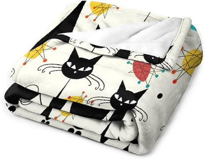 Mid Century Modern Throw Blanket, Atomic Black Cat Starbursts Iconic Sputnik Retro Abstract Geometric 1950s 1960s Throw for Adults Kids Pet, Beige Black 30"x40"