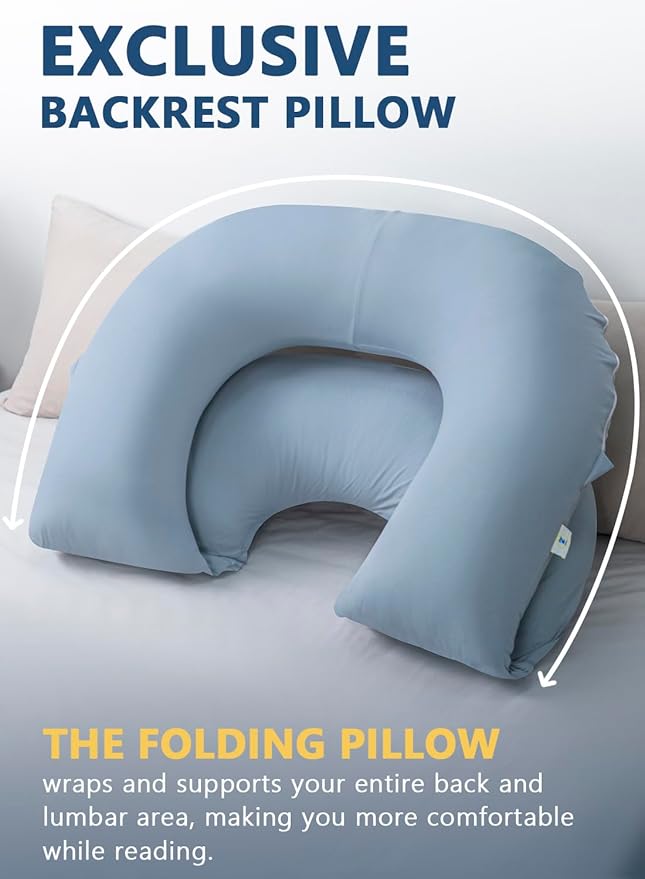 INSEN Reading Pillow, Back Pillow for Sitting in Bed and Couch, Gaming Pillow for Adults, Sit Up Support for Bed (Cooling Cotton-Blue, Basic)