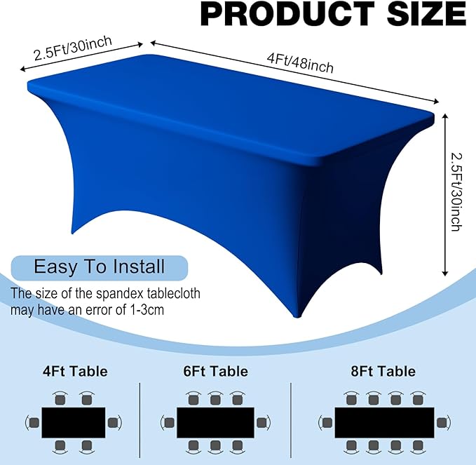 Trlyc 2 Pack 4FT Spandex Table Cloth - 48 x 30 Inch Rectangular Stretch Tablecloth, Wrinkle Resistant Scretch Table Cover for Wedding, Party, Banquet, Picnic, Outdoor Decoration (2Pcs,Royal Blue)
