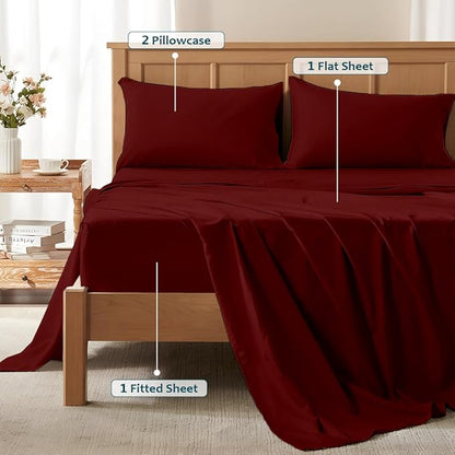 Full Size Bed Sheets Set - Luxury 338 Thread Count 100% Egyptian Cotton Sateen, Cooling Sheets, Deep Pockets with All Around Elastic for a, Hotel Quality Bedding Set (Burgundy Solid)