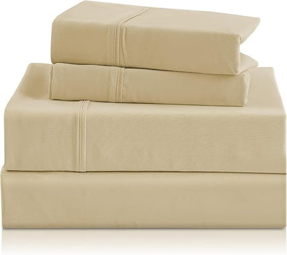 Holtel Luxury Twin Sheet Set - 3 Piece Soft Microfiber Sheets for Twin Size Bed, 16" Deep Pocket Easy Care Wrinkle Free Cooling Bedding Sheet and Pillowcase Set, Beige