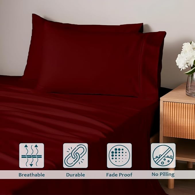 Olympic Queen Sheet Set – 100% Egyptian Cotton, 338 Thread Count – 4-Piece Luxury Super Queen Sheets – Soft & Breathable – 16” Deep Pocket Fitted Sheet, 1 Flat Sheet, 2 Pillowcases (Burgundy Solid)