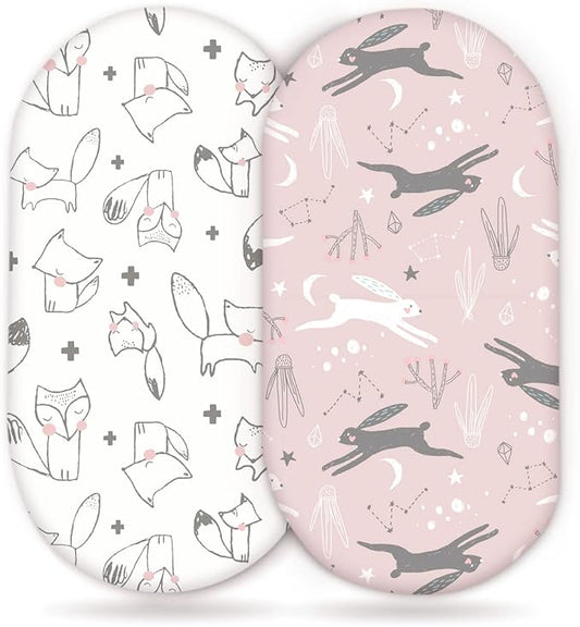 GRSSDER Stretchy Ultra Soft Fitted Bassinet Sheet Set 2 Pack, Universal Fit for Bassinets Baby Cradle Moses Basket Oval Rectangle Pad/Mattress, Cute Foxes and Rabbits Bassinet Sheets for Girls