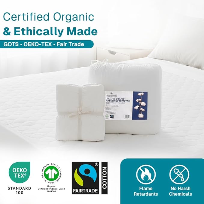FABDREAMS Organic Quilted Mattress Protector Twin XL Size | Mattress Pad| Mattress Cover| Naturally Breathable | Noiseless| Fits up to 17" Deep Pockets| Temperature Regulating | White