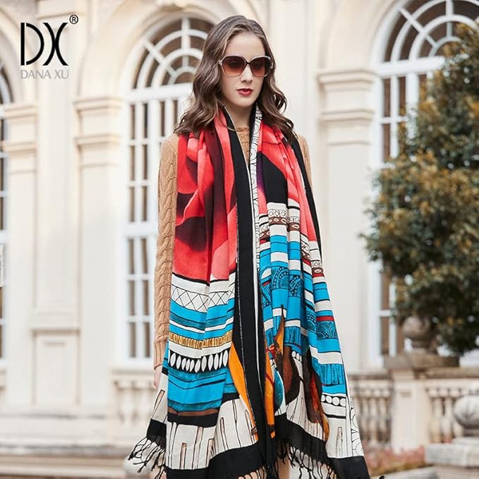 DANA XU 100% Merino Wool Extra Large Pashmina Blanket Travel Scarf Cashmere Wrap for Women Fall Winter Oversize Shawl Floral