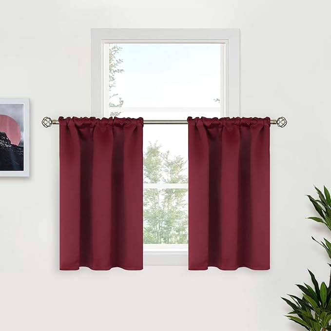 BGment Burgundy Kitchen Window Curtains Over Sink - Small Half Cafe Drapes with Rod Pocket Thermal Insulated Privacy for Bathroom Christmas Decor, 29 x 36 Inch, 2 Panels