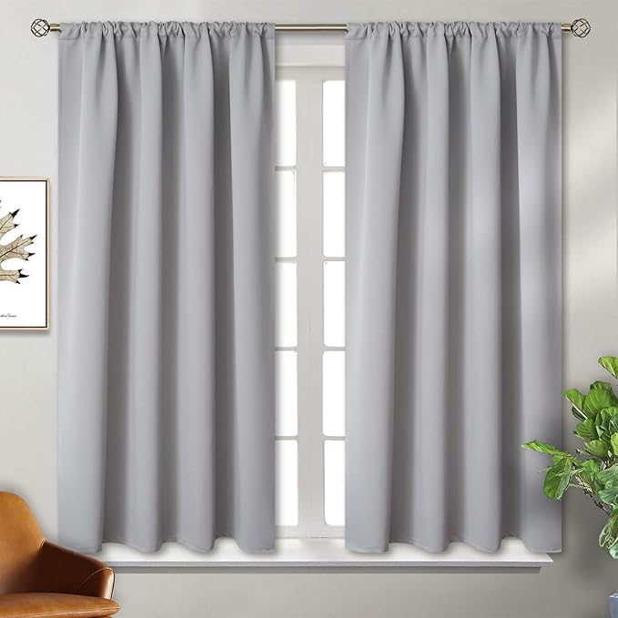 BGment Light Grey Blackout Curtains 45 Inch Length for Bedroom - Short Thermal Insulated Drapes with Rod Pocket Room Darkening for Kitchen Bathroom Window Privacy, 42 x 45 Inch, 2 Panels