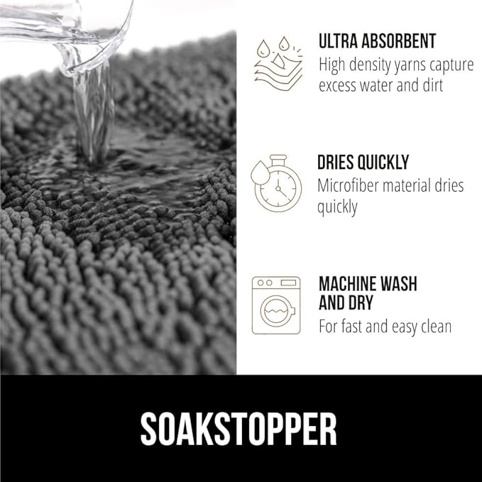 GORILLA GRIP SOAKSTOPPER Dog Door Mat, 30x20 Machine Washable Rug Absorbent Doormat Captures Moisture Mud Dirt, Quick Dry Soft Chenille Entryway Rugs Indoor Entrance Mats for Dog Paws, Gray