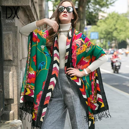 DANA XU 100% Merino Wool Pashmina Shawl for Women 96"x43", Oversized Cashmere Wrap with Tassels, Floral Travel Blanket Cape