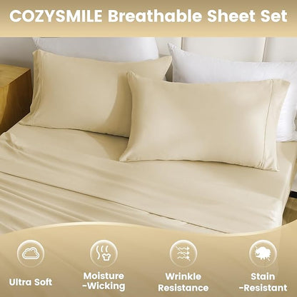 Lightweight Soft California King Sheet Set - Luxury 4 Piece Breathable Cooling Sheets, 16" Deep Pocket Easy Care Wrinkle Free Bedding Sheet and Pillowcase Set Cal King Size, Beige