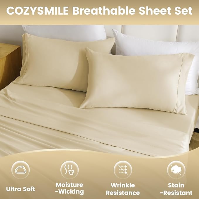 Deep Pocket Super Soft Queen Sheet Set - Luxury 4 Piece Breathable Cooling Sheets for Queen Size Bed, Fits 16" Mattress, Easy Care Wrinkle Free Bedding Sheet and Pillowcase Set, Beige