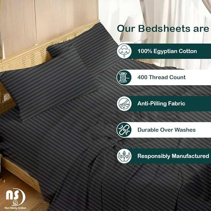 NON Sticky cotton Twin Size Sleeper Sofa Sheets, 4 Piece Egyptian Cotton Bed Sheet Set for Sofa Bed, 6" Deep Pocket Fitted Sheet for Pull Out Couch Mattress, 39" x 75", Dark Grey Stripe