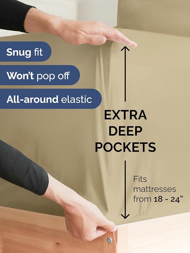 Extra Deep Twin XL Fitted Sheet - Hotel Luxury Single Fitted Sheet Only - Easily Fits 18 inch to 24 inch Mattress - Ultra Soft, Wrinkle & Fade Free w/Extra Deep Pockets - Breathable & Comfy - Beige